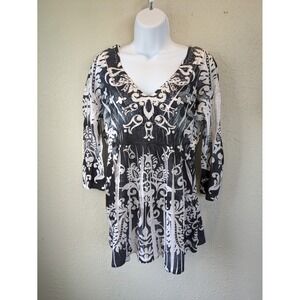 One World Babydoll Top LARGE Bedazzled Fairycore Grunge Artsy McBling Abstract‎